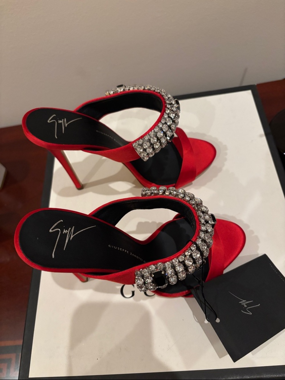 Giuseppe Zanotti Flame Red Satin high heel sandal mule with crystals sz.8 - Picture 15 of 17
